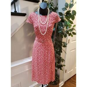 Rowa Sheath Dress Womens M Red Floral Polyester Lined Belted Cap Sleeve Back Zip